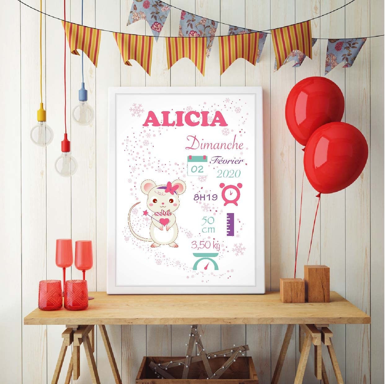 Affiche de Naissance Personnalisée, Un Cadeau Original Pour Décorer Une Chambre d'enfant/Bébé