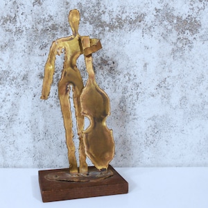 Vintage Brutalist Cello Player Sculpture - Torch Cut Metal Figure
