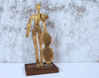 Vintage Brutalist Cello Player Sculpture - Torch Cut Metal Figure