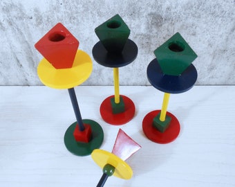 Set of Four Vintage Ikea Candlesticks by Anna Efverlund - Memphis-Milano-Style Geometric Iron Candlestick Holders