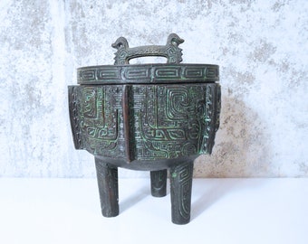 James Mont-style Hollywood Regency Ice Bucket - Asian Design with Verdigris Patina Finish