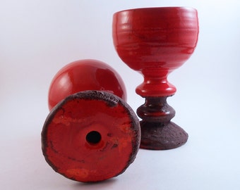 Pair of Handmade Red Ceramic Goblets with Fat Lava Glaze - West German Pottery - Chalice with Ribbed Stem