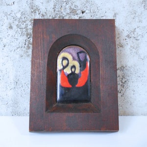 Czech Modernist Holy Family Enamel in Wood Frame Abstract Religious Icon image 1