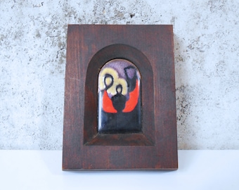 Czech Modernist Holy Family Enamel in Wood Frame - Abstract Religious Icon