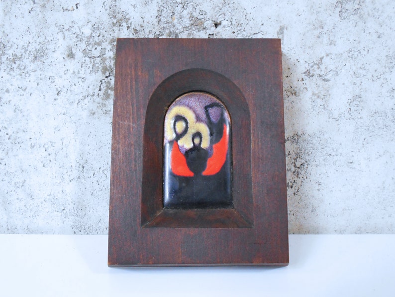 Czech Modernist Holy Family Enamel in Wood Frame Abstract Religious Icon image 1