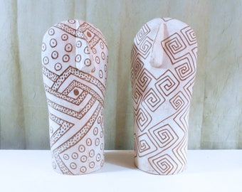 Pair pf Abstract Terracotta Pottery Face Sculptures with Incised Decoration