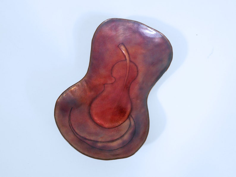 Modernist Enamel Copper Tray by Hareli, Israel Violin or Leaf image 4