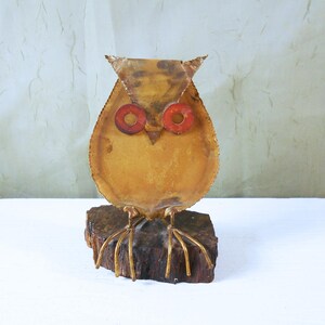 Torch Cut Metal Owl on Wood Base in the Style of Curtis Jere