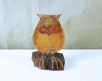 Torch Cut Metal Owl on Wood Base in the Style of Curtis Jere