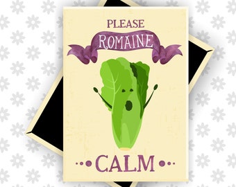 Romaine Calm, Funny Fridge Magnets, Don't Panic, Funny Magnets, Food Puns, Pun Magnets, Encouragement Gift, Cute Kitchen Magnets, Vegan
