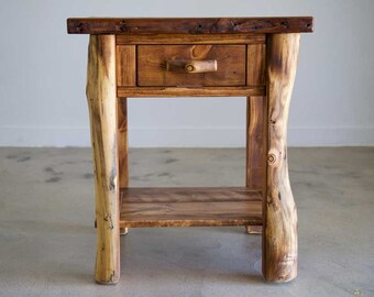 Aspen Nightstand with Drawer | Log Nightstand | Barnwood Nightstand | Log Cabin Furniture | Handmade Furniture