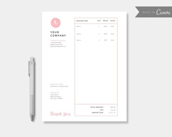 Canva Invoice Template, Business Invoice, Printable Invoice, Custom Order Form, Editable, Digital Print, Digital Invoice, Pink Invoice
