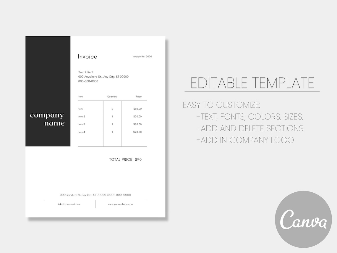 Invoice Template, Printable Invoice, Canva Invoice Template, Business