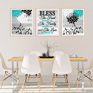 Kitchen Wall Art Prints, Set of 3 Teal and Black Dining Room Framed Art, Bless The Food Before Us Quote Canvas - HOME901
