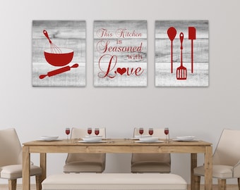 This Kitchen is Seasoned with Love, Rustic Kitchen Art, Red Kitchen Wall Decor, Kitchen Signs, Dining Room Wall Art - HOME679