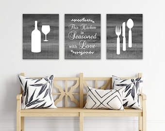 Gray Kitchen Wall Art Prints, Set of 3 Canvas This Kitchen is Seasoned with Love Quote for Modern Farmhouse Decor - HOME452