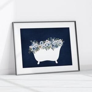 Navy Farmhouse Bathroom Canvas or Wall Art Print, Blue Bathroom Floral Bathtub Art Decor - BATH575