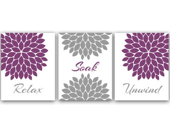 Bathroom Wall Art Purple And White Bathroom Decor Bathtub Etsy