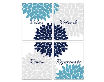 Bathroom Wall Art, Relax Refresh Renew Rejuvenate, Blue & Gray Bathroom Decor, Modern Bathroom Art, Set of 4 Bath Art Prints - BATH421