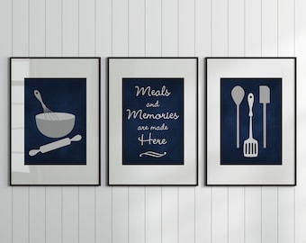 Kitchen Wall Decor Canvas or Prints, Blue Kitchen Art, Dining Room Wall Art, Meals and Memories, Gray and Blue Kitchen Decor - HOME674