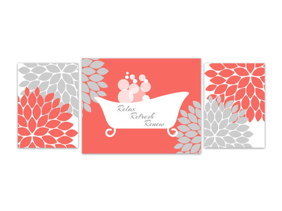Bathroom Wall Art, Coral and Gray Bathroom Decor, Relax Refresh Renew