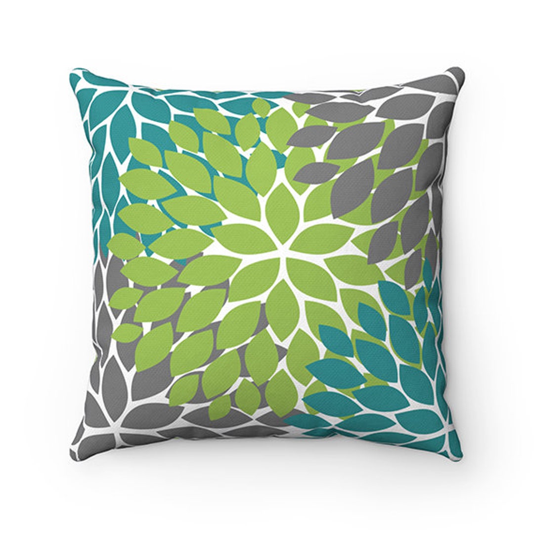 Teal Green Gray Pillow Covers, Flower Burst Pillow Cover, Throw Pillow