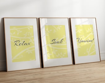 Bathroom CANVAS Art, Relax Soak Unwind, Yellow and Grey Bathroom Decor, Yellow Grey Modern Bathroom Art, Set of 3 Bath Art Prints - BATH51
