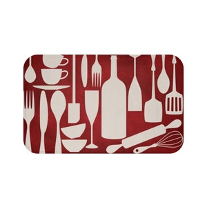 Red Kitchen Floor Mat, Machine Washable Kitchen Mat, Kitchen Utensil Themed Floor Mat, Soft Non-Slip Kitchen Mat - MAT194