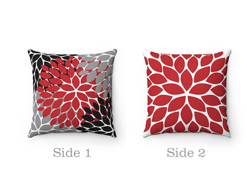 Red Black and Gray Flower Throw Pillow Covers Red Pillow Etsy