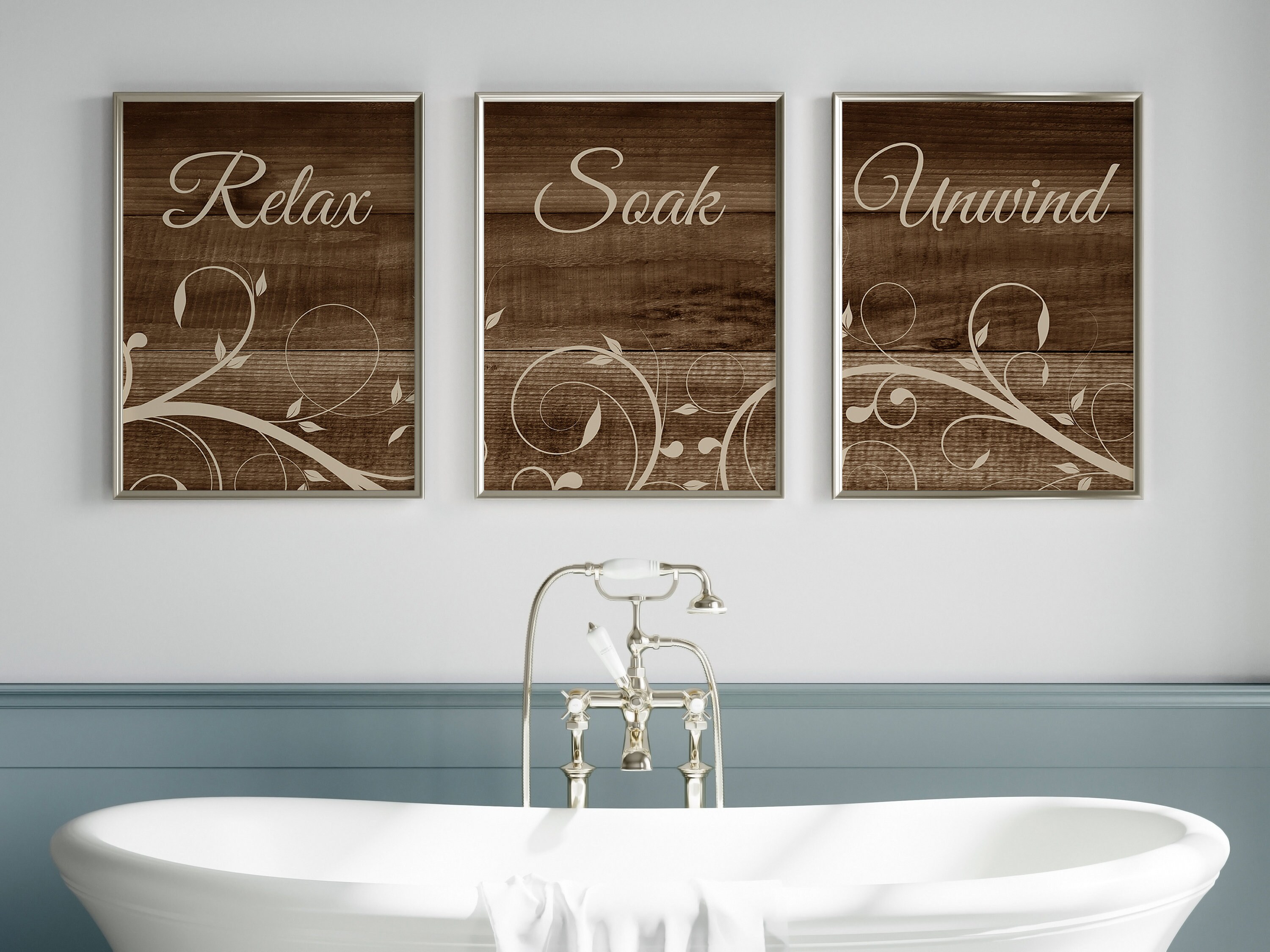 Rustic Brown Bathroom Decor, Relax Soak Unwind, Bathroom Art