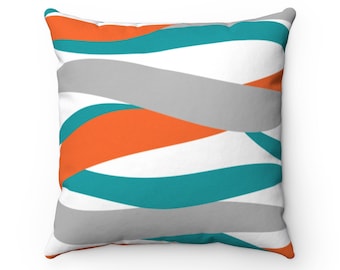 Orange Teal Pillow, Geometric Pillow Cover, Orange Ribbon Accent Pillow, Teal Decorative Pillow, Teal and Orange Throw Pillow - PIL265