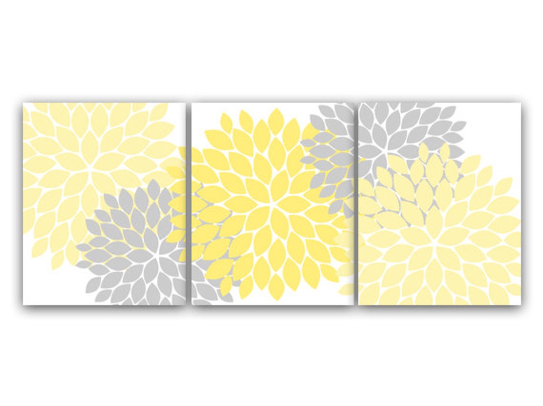 Home Decor Wall Art, Yellow and Gray Flower Burst Art, CANVAS PRINTS