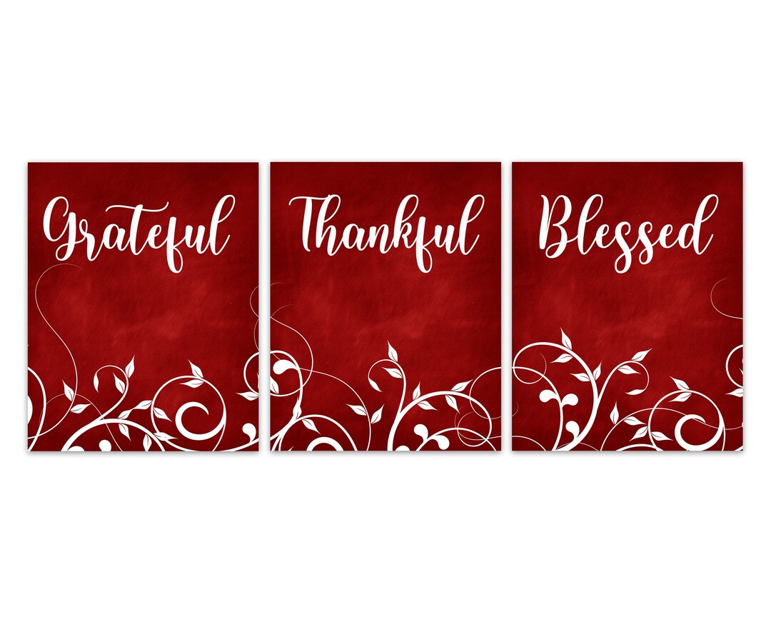Red Kitchen Wall Art Prints Grateful Thankful Blessed Mid Etsy