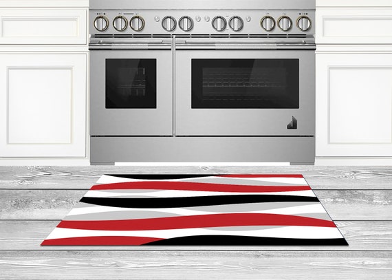 Red Black Gray Abstract Wave Area Rug, Kitchen Floor Mat, Office