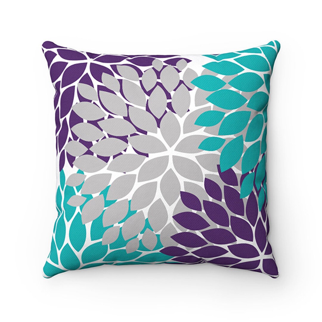 OUTDOOR PILLOW, Purple Teal & Gray Floral Pillow, Outdoor Accent Pillow