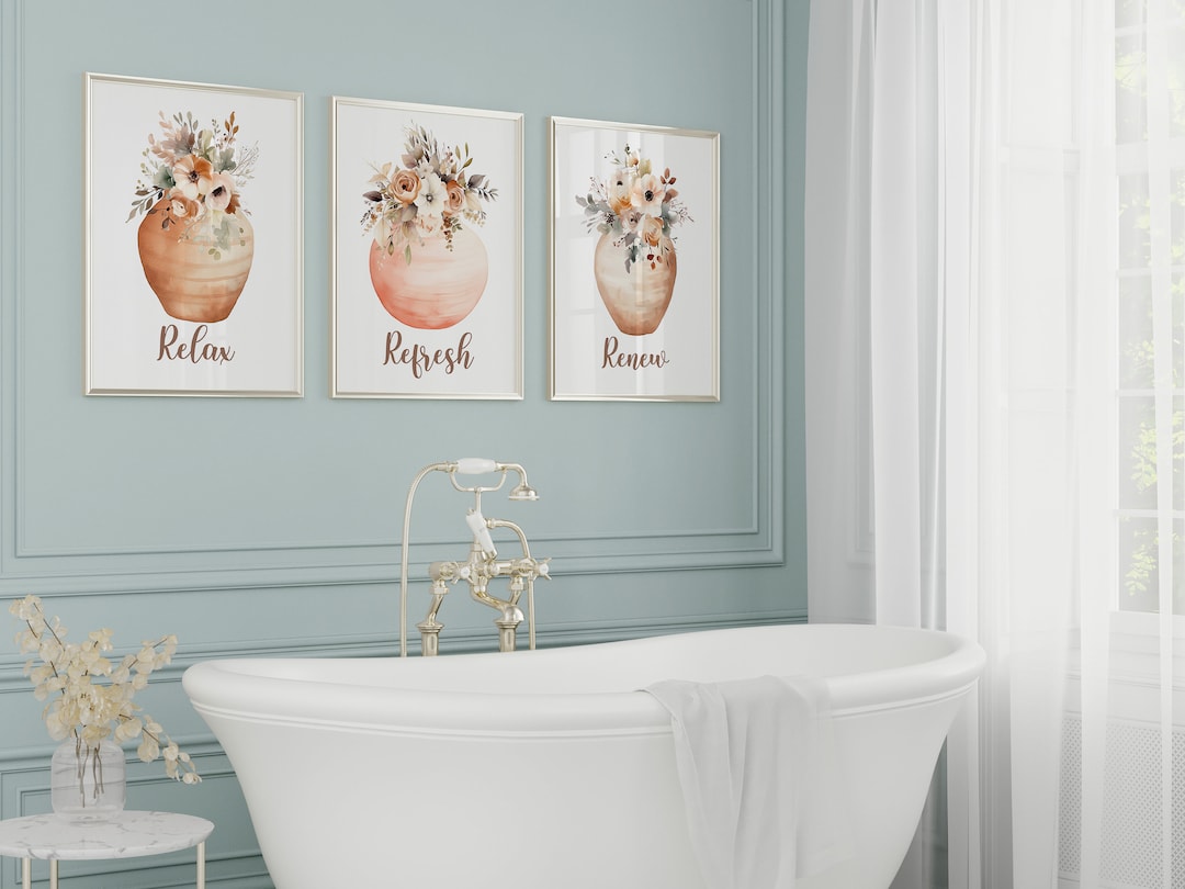Neutral Bathroom Framed Art Prints, Botanical Wild Flower Bathtub Canvas 3 Print Set for Boho ...
