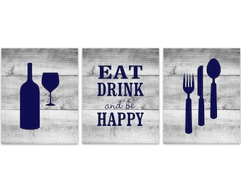 Rustic Kitchen Art, Eat Drink Quote, Fork Spoon Wall Decor, Wine Glass Art, Wood Effect Home Decor Wall Art, Blue Kitchen Decor - HOME149