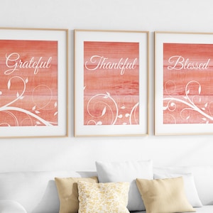 Grateful Thankful Blessed, Coral Home Decor Prints, Farmhouse Wall Art, Blessing Signs, Wedding Gift, Coral Kitchen CANVAS - HOME583 image 1