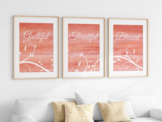 Grateful Thankful Blessed, Coral Home Decor Prints, Farmhouse Wall Art, Blessing Signs, Wedding Gift, Coral Kitchen CANVAS - HOME583