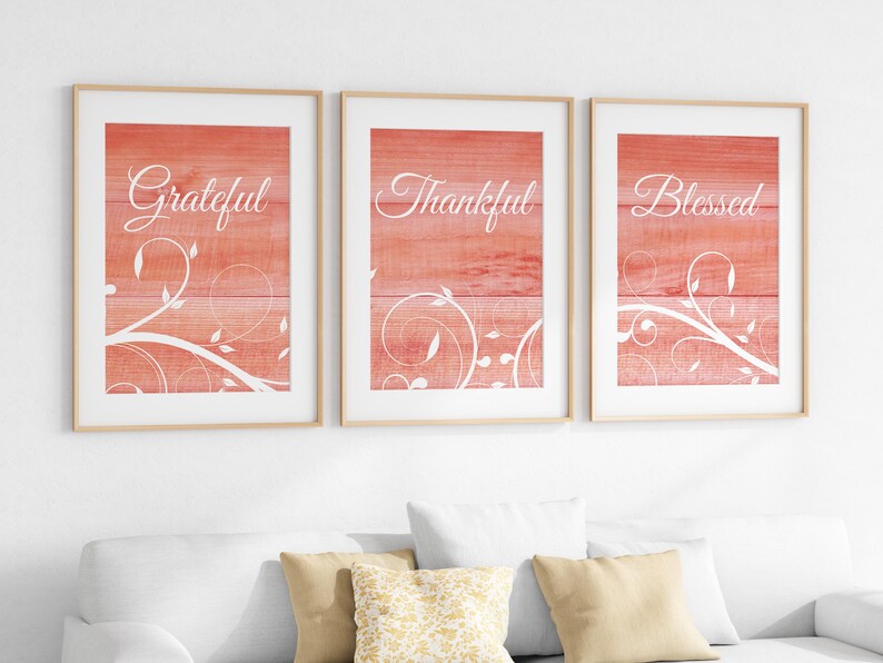 Grateful Thankful Blessed, Coral Home Decor Prints, Farmhouse Wall Art, Blessing Signs, Wedding Gift, Coral Kitchen CANVAS - HOME583 image 1