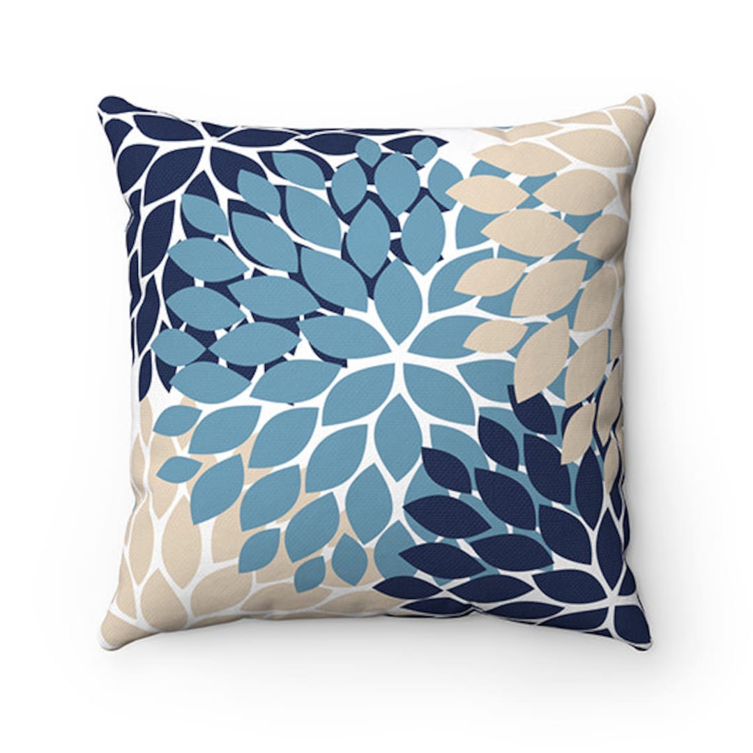 OUTDOOR PILLOW, Blue and Tan Floral Pillow, Outdoor Accent Pillow