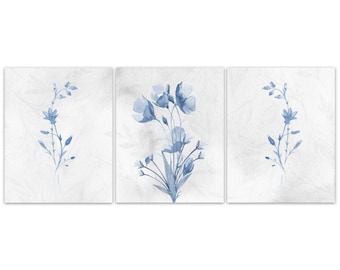 Blue Flowers Wall Art Prints, Watercolor Flowers Pictures, Gray Blue Bedroom Decor, Blue Floral Bathroom Decor, Living Room Art - HOME782