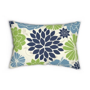 Almohada exterior azul y verde, almohada lumbar 14x20 para sillas de porche y patio, almohadas de flores de colores para decoración al aire libre - OLBR1
