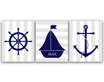 Nursery Art Print, Nautical Nursery Decor, Nursery CANVAS Personalized Kids Wall Art, Kids Name Art, Boys Wall Art, Boys Room Decor - KIDS86