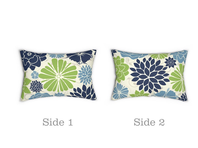 Blue and Green Floral Lumbar Pillow Decorative Pillow Flower Etsy