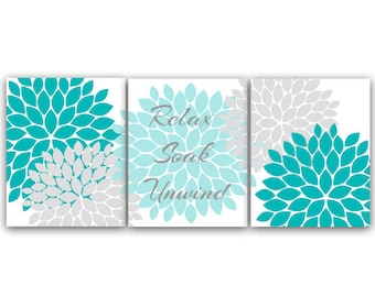 Bathroom CANVAS or PRINTS Wall Art, Relax Soak Unwind, Aqua and Gray Bathroom Decor, Modern Bathroom Art, Set of 3 Bath Art Prints - BATH16