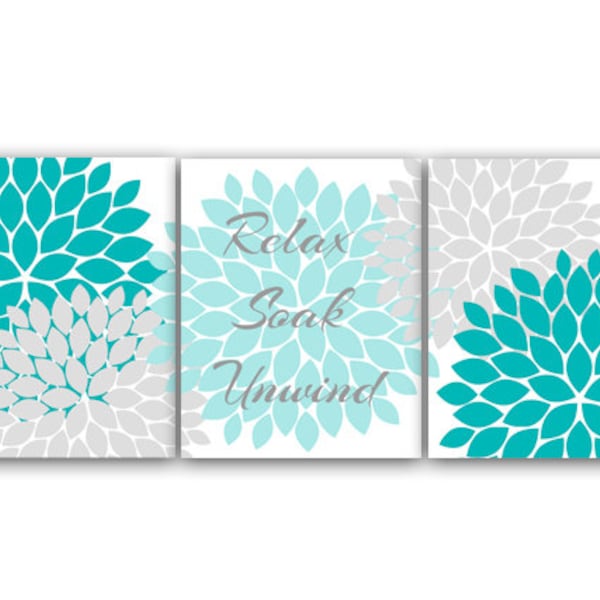 Bathroom CANVAS or PRINTS Wall Art, Relax Soak Unwind, Aqua and Gray Bathroom Decor, Modern Bathroom Art, Set of 3 Bath Art Prints - BATH16