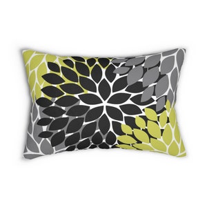 Lumbar Pillow 14x20, Flower Lumbar Pillow, Lumbar Throw Pillow, Sofa Pillow, Black and Green Pillow - LBR32