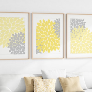 Arte de pared para decoración del hogar, arte de flores amarillas y grises, IMPRESIONES EN LIENZO, decoración de pared para baño, decoración de dormitorio amarilla, arte de pared para guardería - HOME37