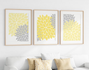 Home Decor Wall Art, Yellow and Gray Flower Burst Art, CANVAS PRINTS, Bathroom Wall Decor, Yellow Bedroom Decor, Nursery Wall Art - HOME37